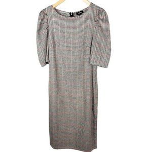 Tacera  Herringbone puff sleeves dress  Small Cream Pencil  Red  plaid
